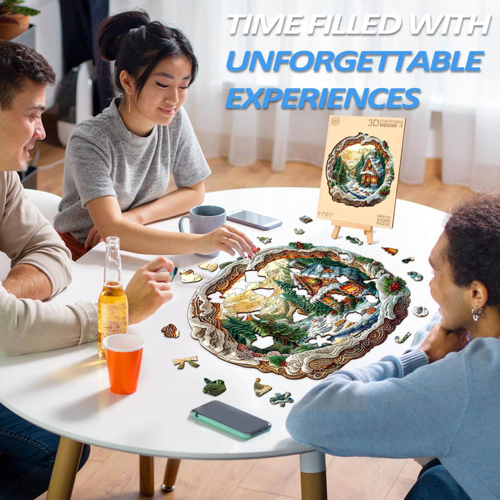 Group of friends enjoying a 3D Christmas House-1 wooden jigsaw puzzle for quality time and unforgettable experiences.