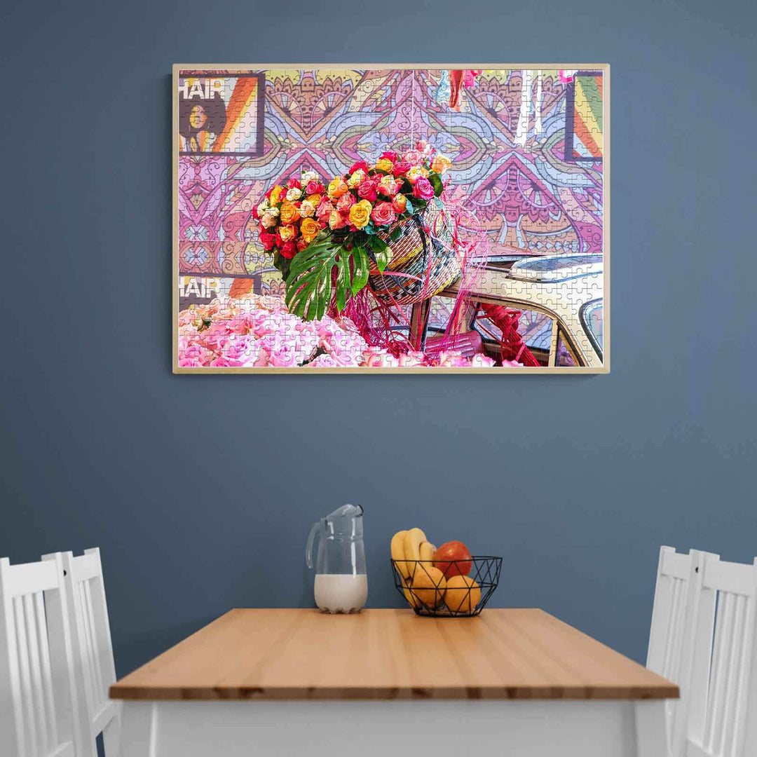 Colorful flower basket art print on wall above a wooden dining table with fruits, brightening the modern space.