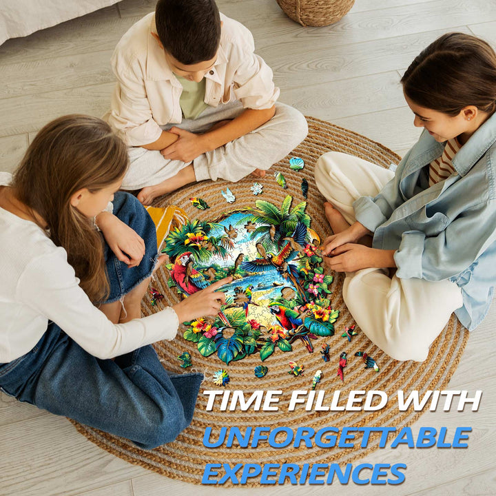 Children engaged in solving a vibrant Tropical Parrot jigsaw puzzle, promoting focus and cognitive skills.