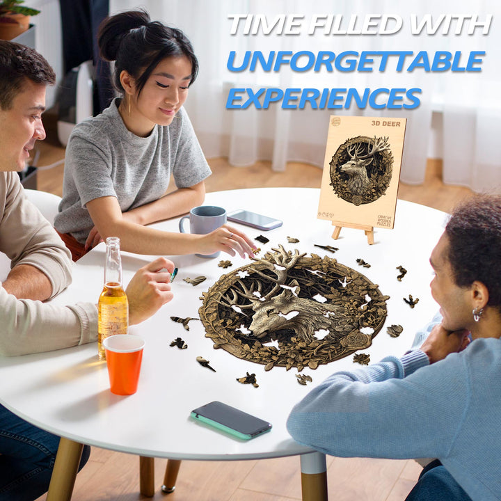 Three friends assembling a 3D Deer wooden jigsaw puzzle, enjoying quality time and enhancing focus.
