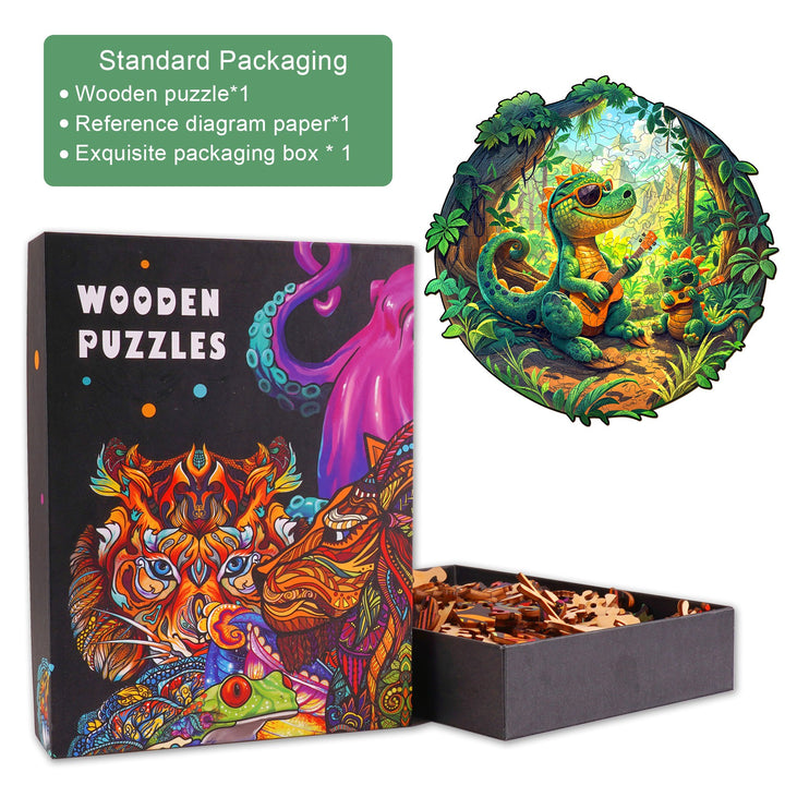 Rock Dinosaur-1 Wooden Jigsaw Puzzle in colorful packaging with vibrant art and unique puzzle pieces.