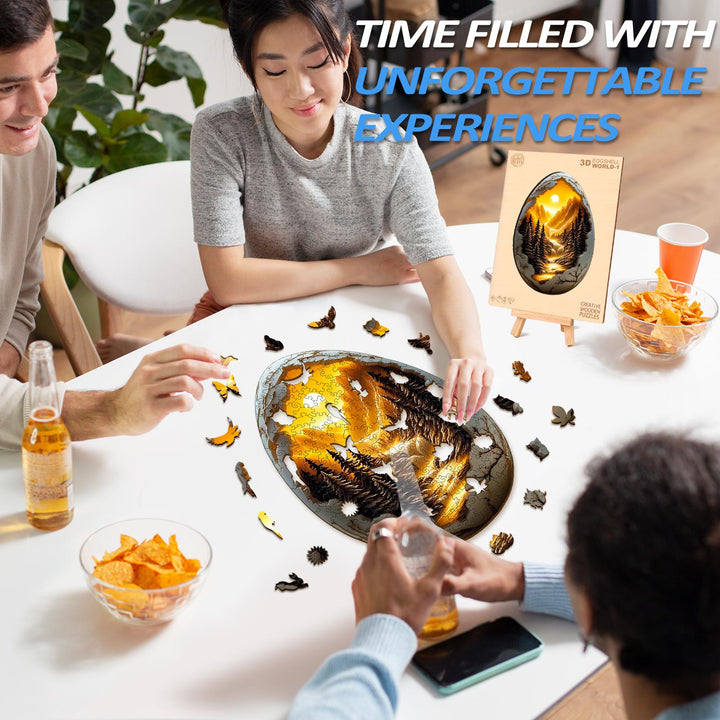 Friends enjoying the 3D Eggshell World-1 wooden jigsaw puzzle at a table with snacks and drinks, creating unforgettable memories.