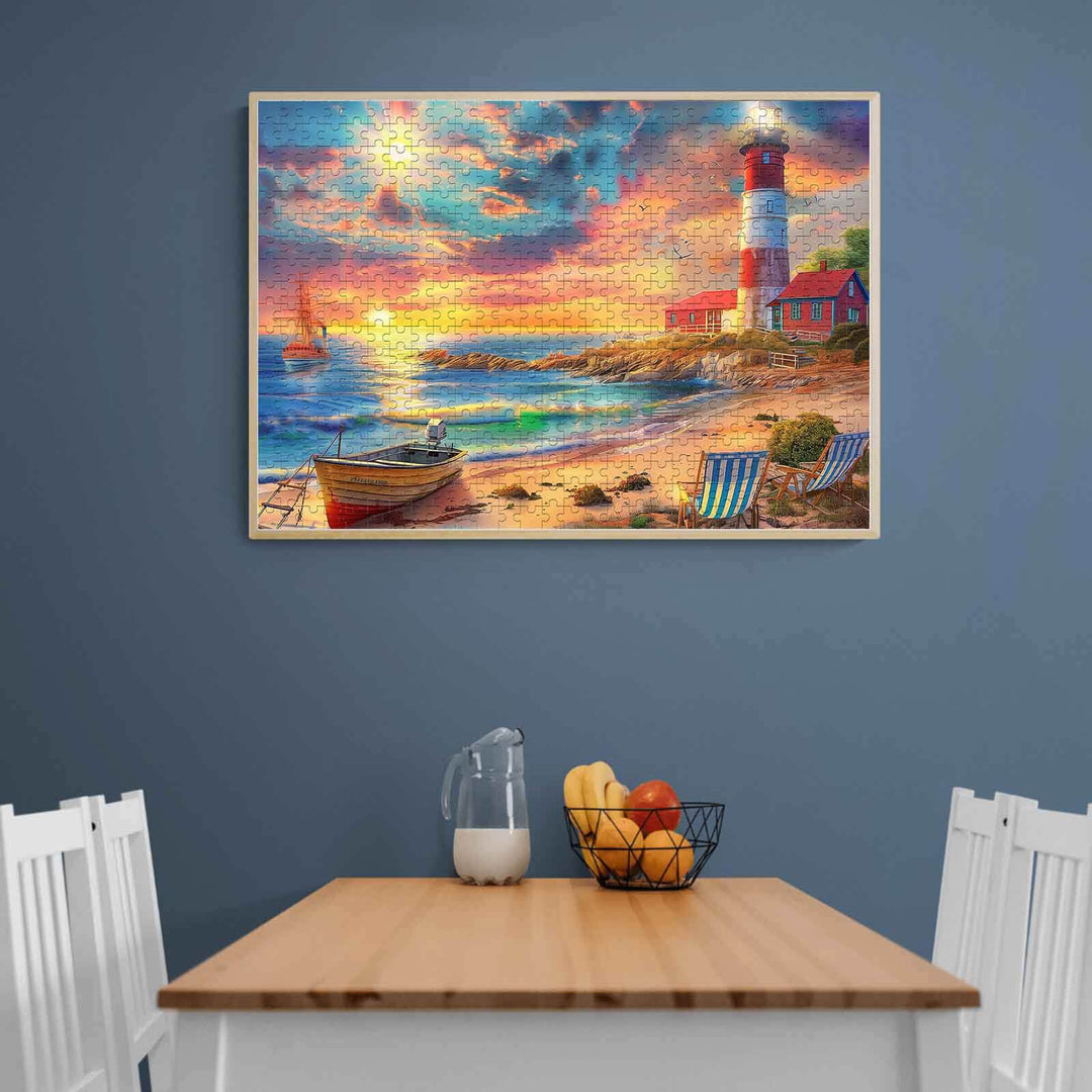 Morning Light puzzle displayed in a dining area, featuring a vibrant lighthouse scene with boats and a beach setting.