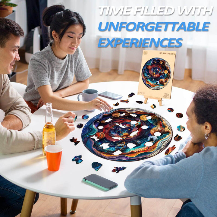 Group of friends assembling a 3D Universe wooden jigsaw puzzle on a table, enjoying an engaging and fun experience.