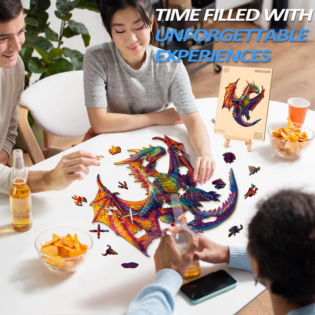 Group enjoying a colorful Dragon wooden jigsaw puzzle, enhancing focus and creating unforgettable experiences.