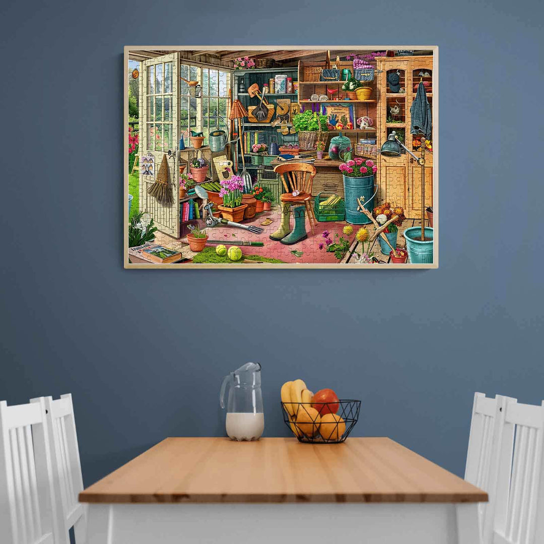 Messy Warehouse 500/1000 piece puzzle displayed in a cozy room setup, perfect for jigsaw puzzle enthusiasts.