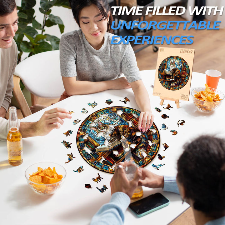 Group enjoying The Maine Cat Library wooden jigsaw puzzle, fostering fun and focus over snacks and drinks.