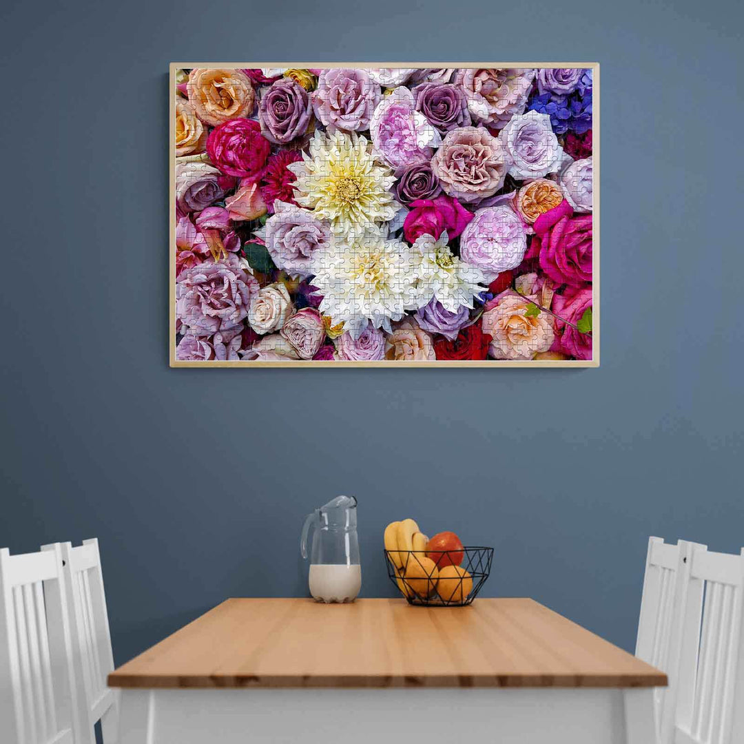 Colorful floral wall art featuring a variety of roses and daisies, enhancing home decor and atmosphere.