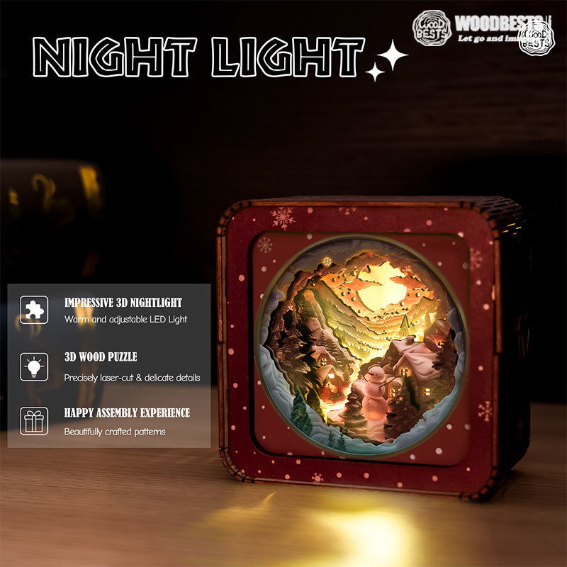 Snow Mountain Hut Kit - 3D Wooden Puzzle Night Light with warm LED light and intricate woodland design.
