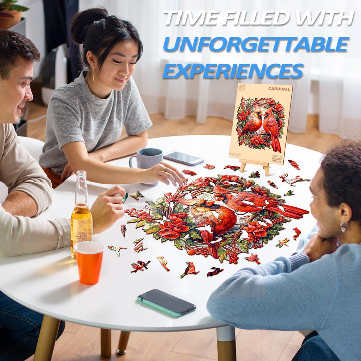 Group assembling a colorful Cardinal wooden jigsaw puzzle, enjoying time together filled with fun and memorable experiences.