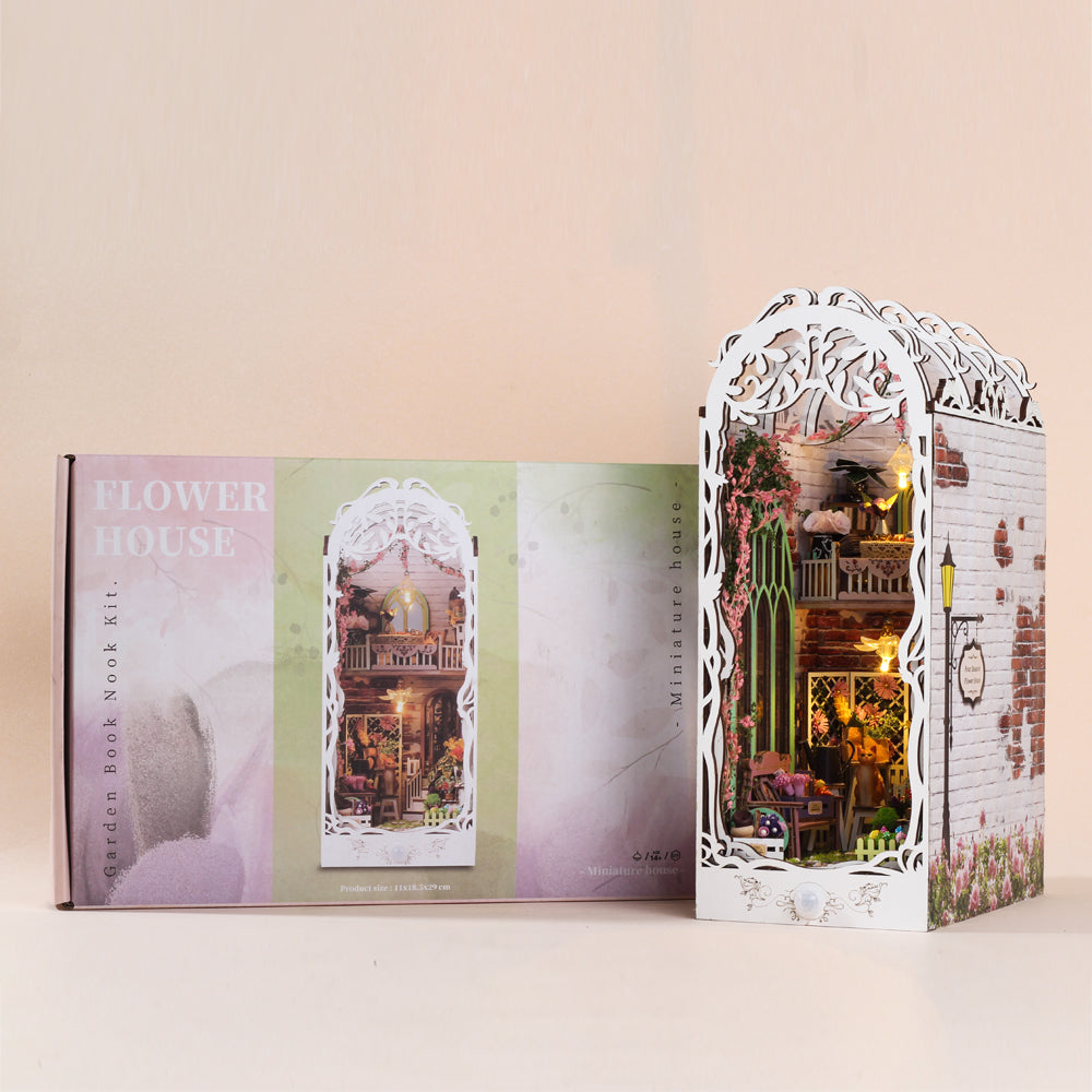 Flower House DIY Book Nook Kit, 3D wooden puzzle with detailed musical decor and cozy lighting.