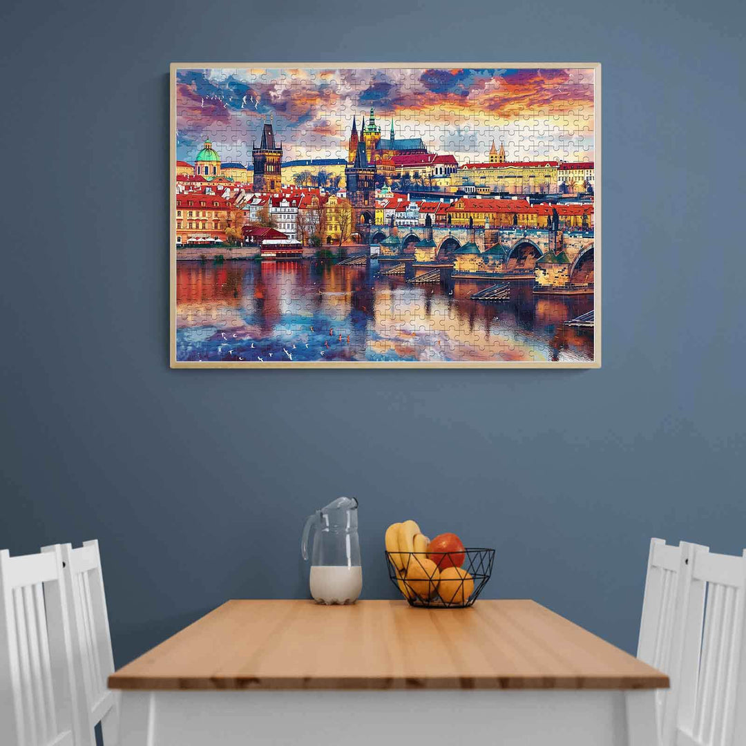 Sunset City Scenery 500/1000 piece puzzle showcasing a vibrant cityscape on a wall in a modern dining area.