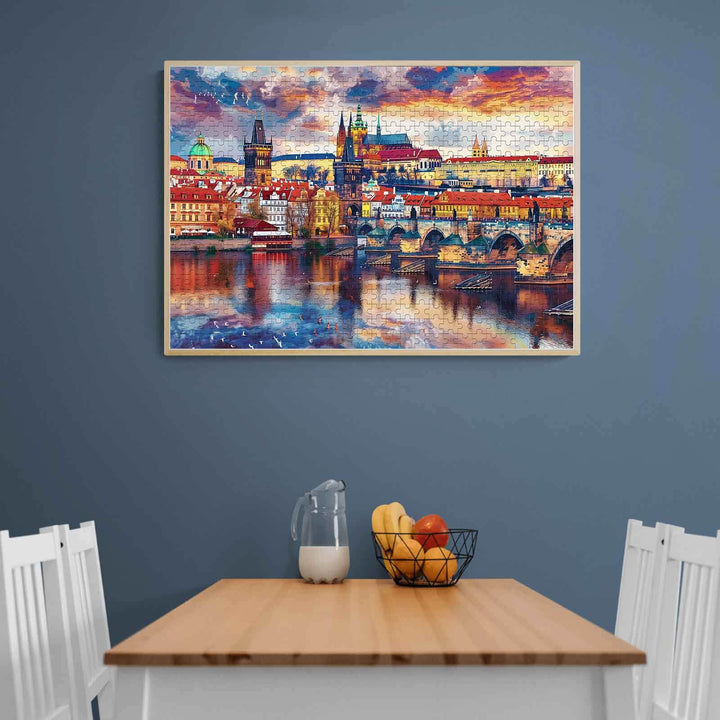 Sunset City Scenery 500/1000 piece puzzle showcasing a vibrant cityscape on a wall in a modern dining area.