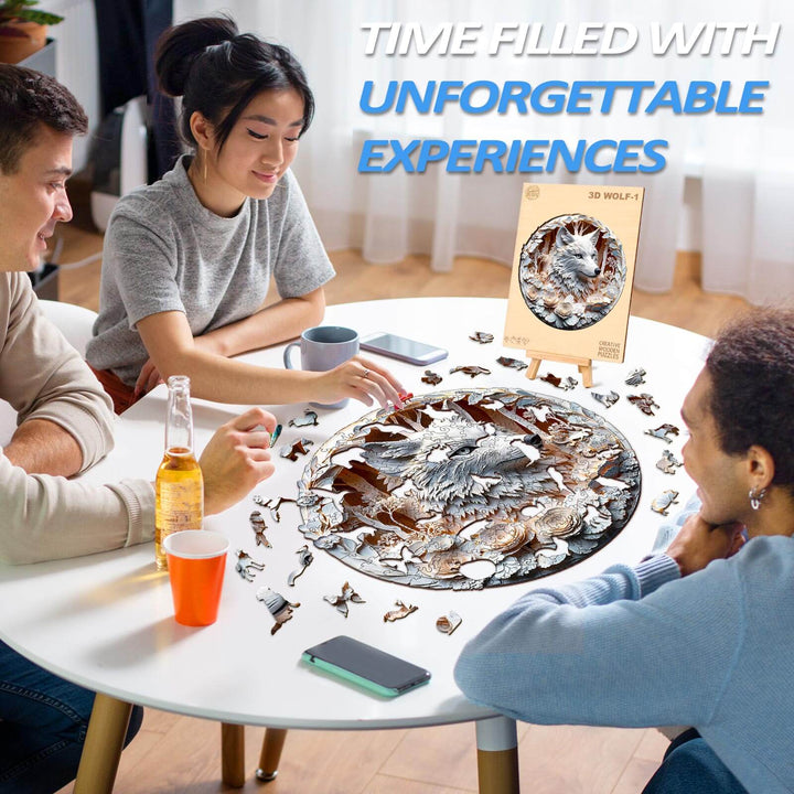 Group of friends enjoying the 3D Wolf-1 wooden jigsaw puzzle at a table, promoting focus and unforgettable experiences.