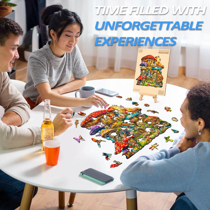 Group of friends assembling a Mushroom House wooden jigsaw puzzle on a table, enhancing focus and creativity together.