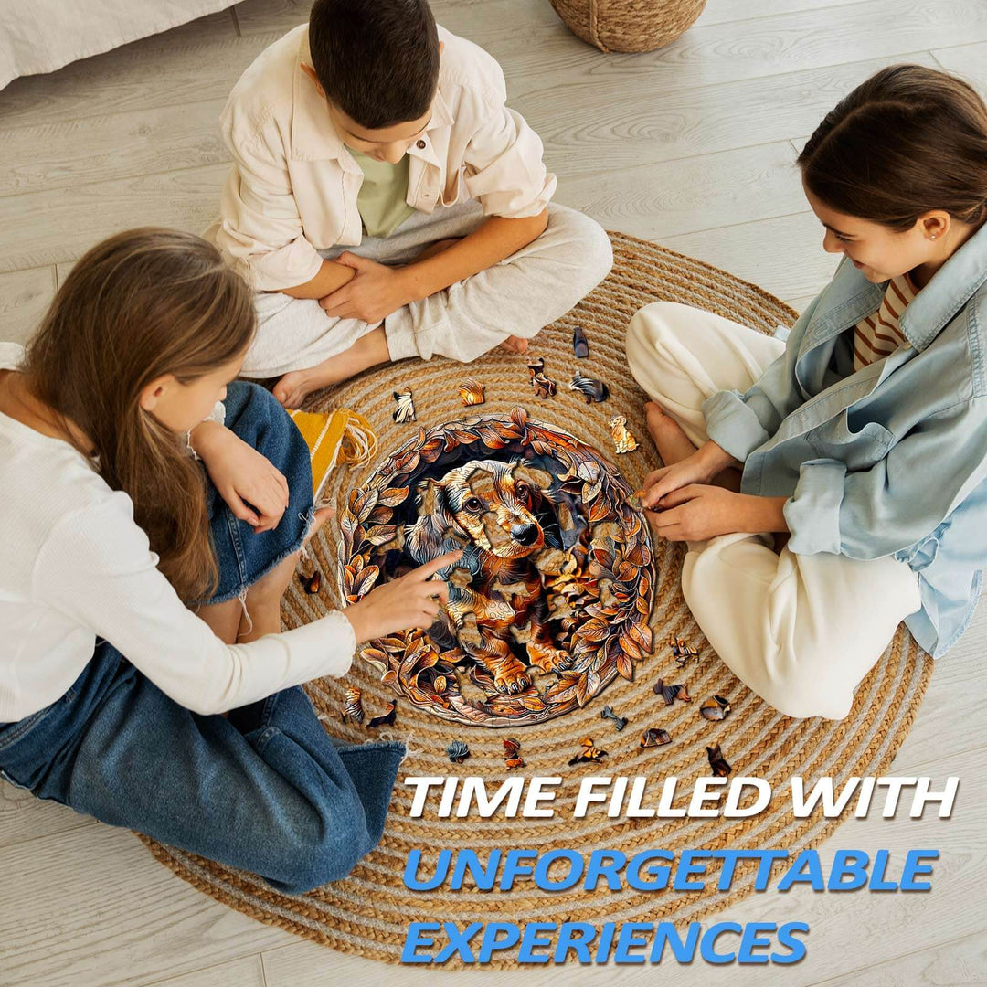 Three people enjoying a 3D wooden jigsaw puzzle on a cozy rug, creating unforgettable experiences together.