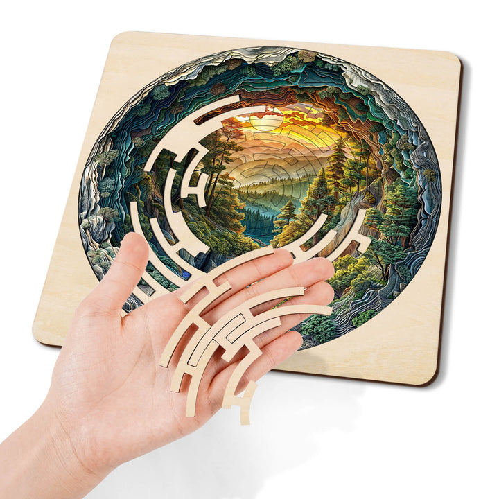 Hand holding pieces of the Maze Puzzles—Green Stream, showcasing intricate nature-themed jigsaw design for brain training.