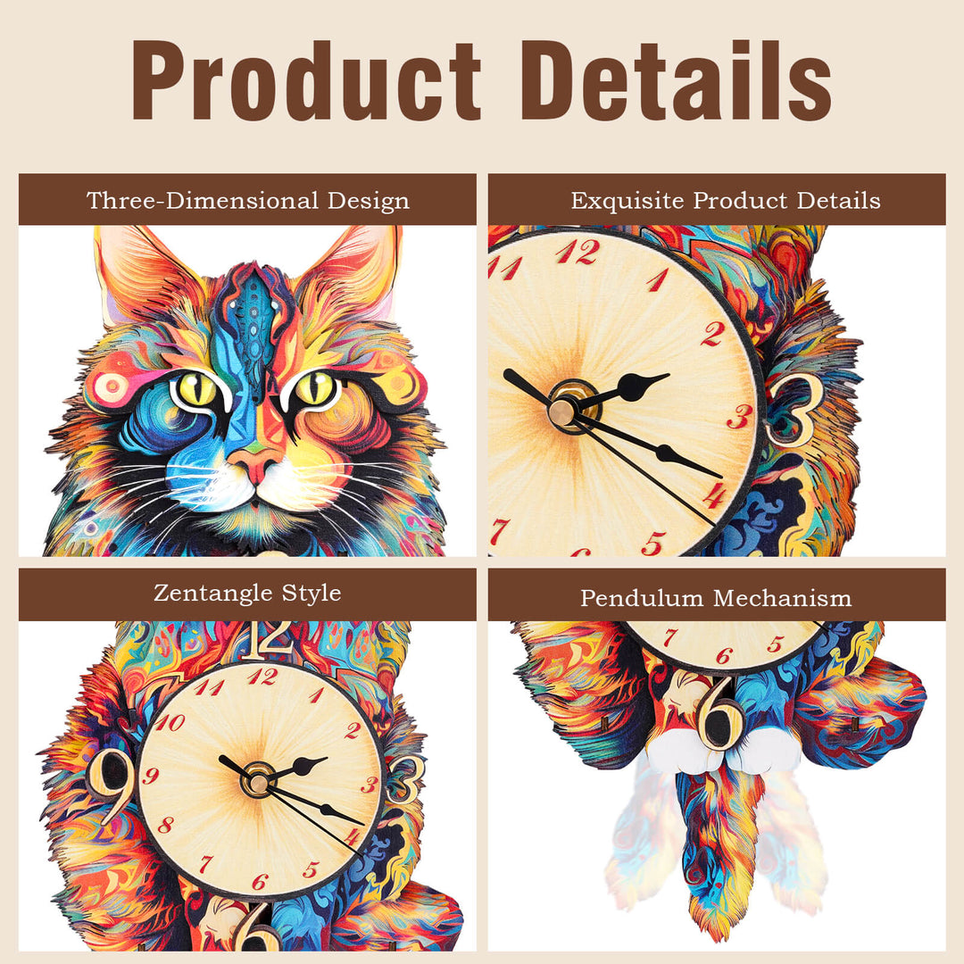 Colorful Maine Coon wooden clock design details, featuring 3D layers, delicate craftsmanship, and a pendulum mechanism.