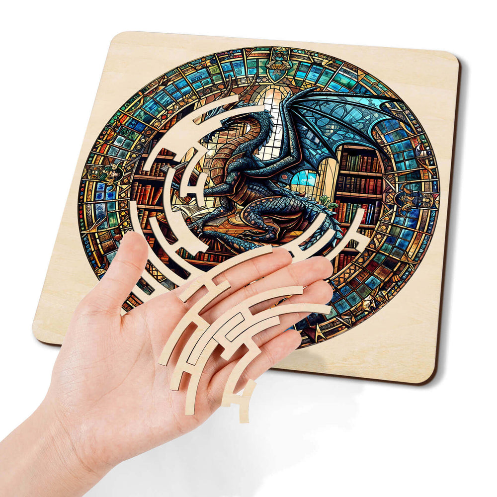 Maze PuzzlesâLibrary Dragon featuring a colorful dragon design with wooden puzzle pieces for brain training and focus.