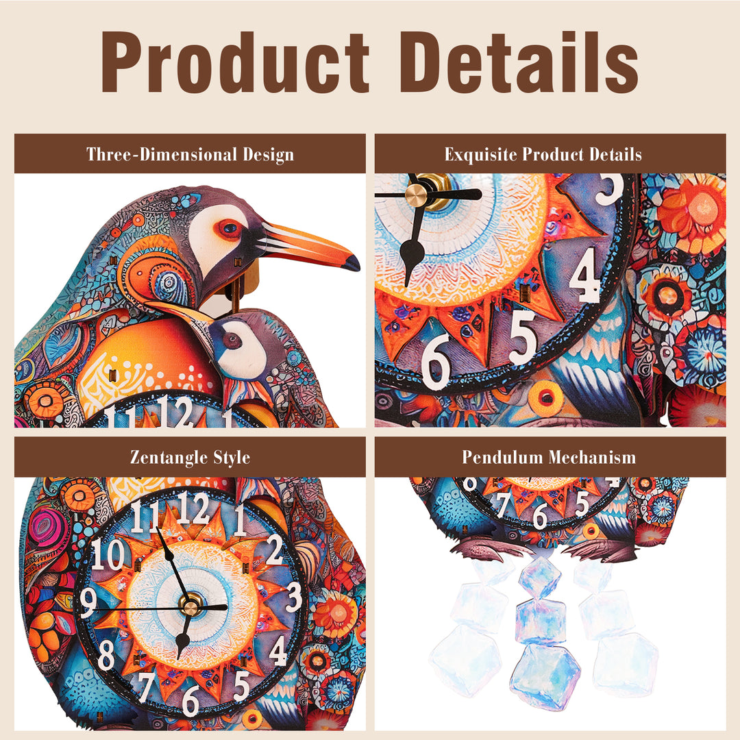Product details of Parent-Child Penguins 3D wooden clock featuring vibrant design, pendulum mechanism, and exquisite craftsmanship.