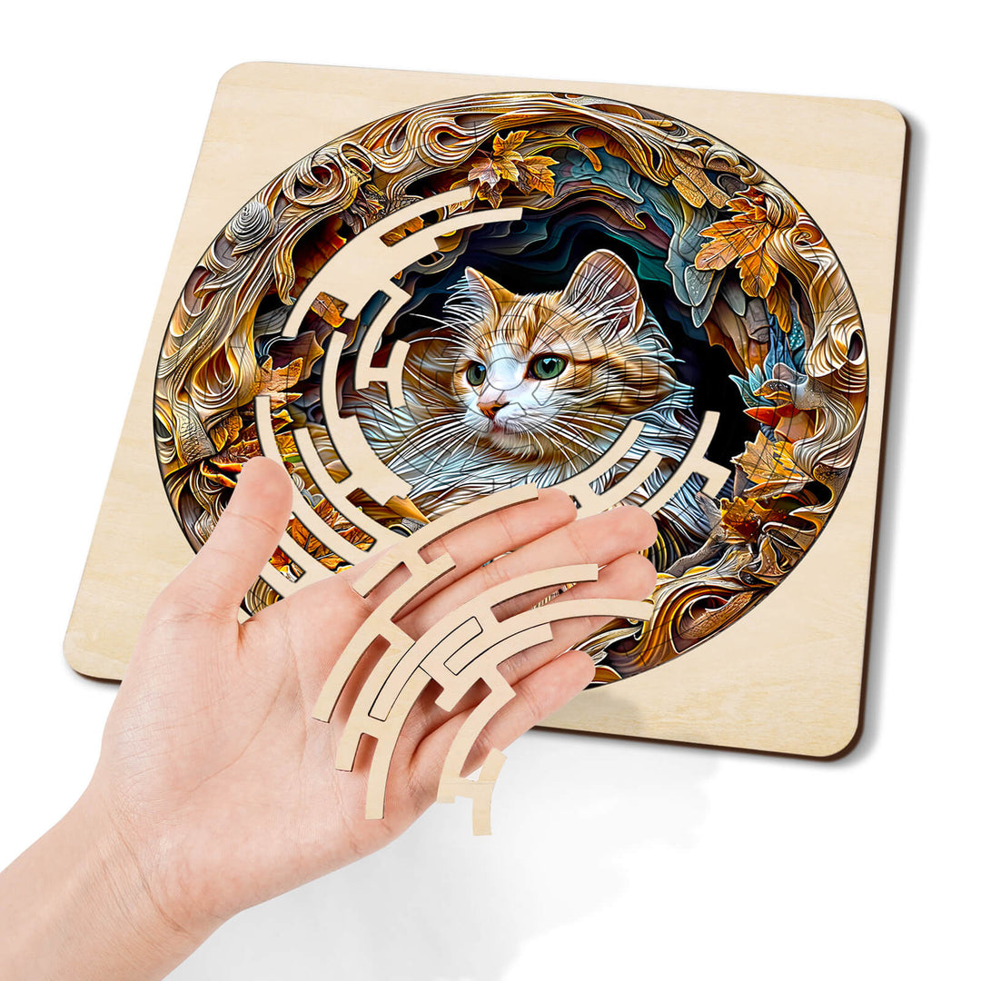 Maze Puzzles—Autumn Cat featuring a detailed cat design and a hand holding a wooden maze piece for mind games.