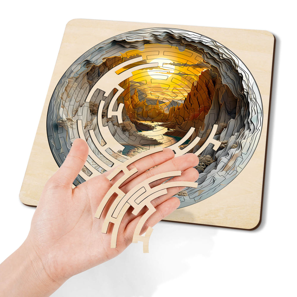 Hand holding pieces of Maze PuzzlesâGolden River, a 3D jigsaw puzzle depicting a beautiful golden river.