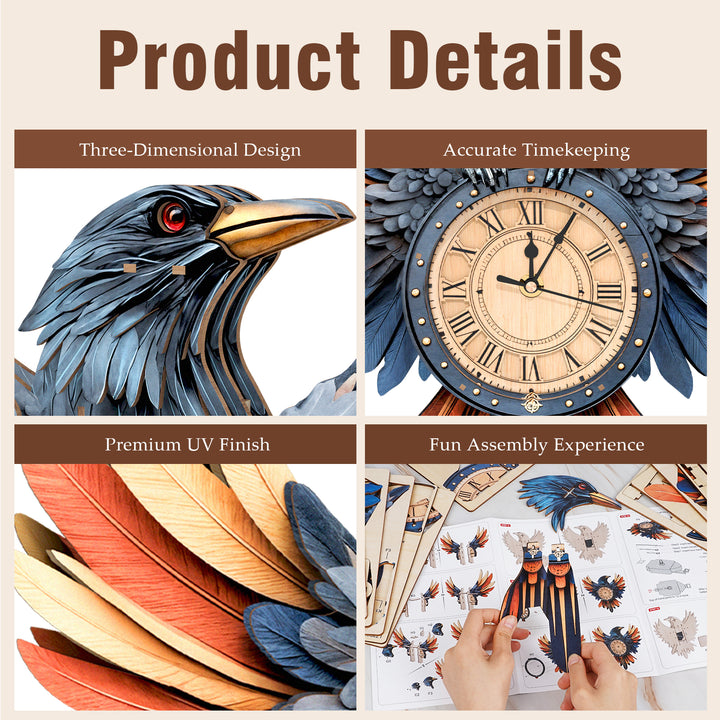 Raven– DIY Wooden Clock, 3D Puzzle Craft Kit