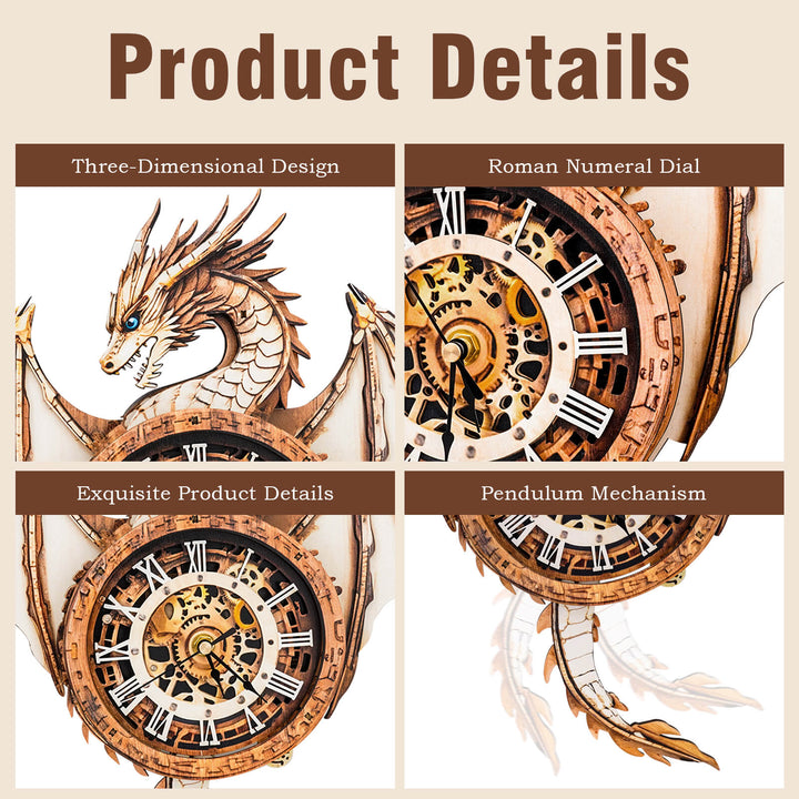 Product details of Ancient Dragon DIY Wooden Clock showing 3D design, Roman numeral dial, and pendulum mechanism.