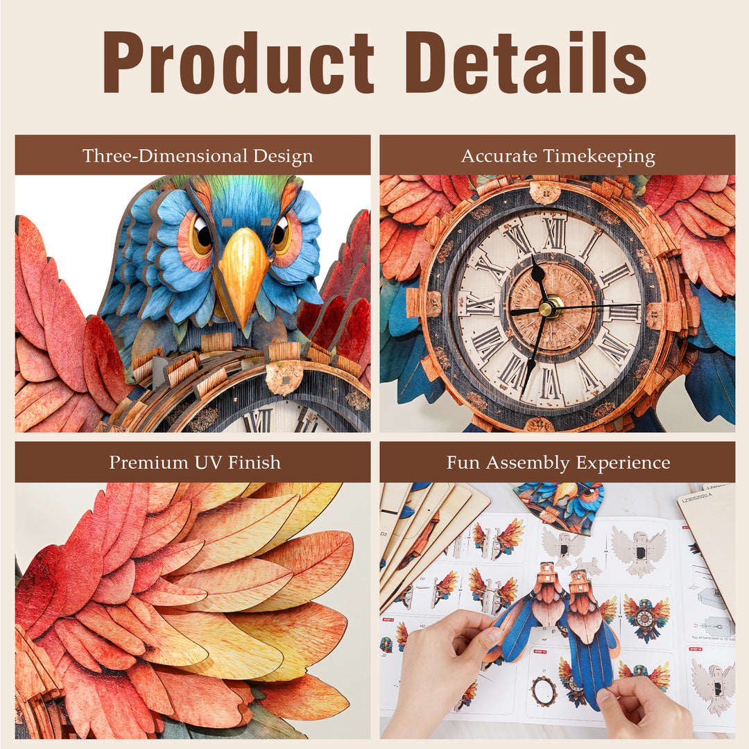Parrot – DIY Wooden Clock, 3D Puzzle Craft Kit
