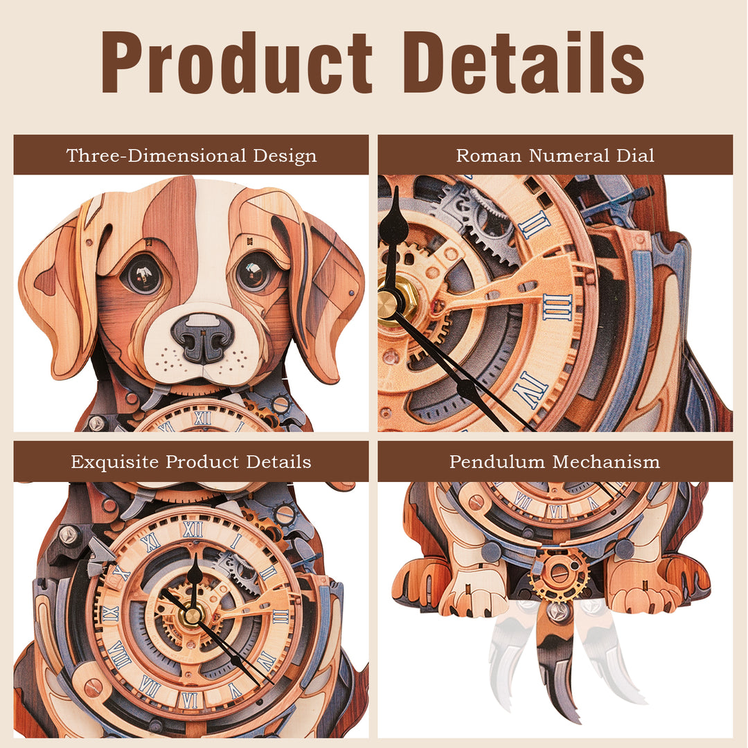 Cute Beagle DIY Wooden Clock with 3D design, Roman numeral dial, and exquisite craftsmanship details.