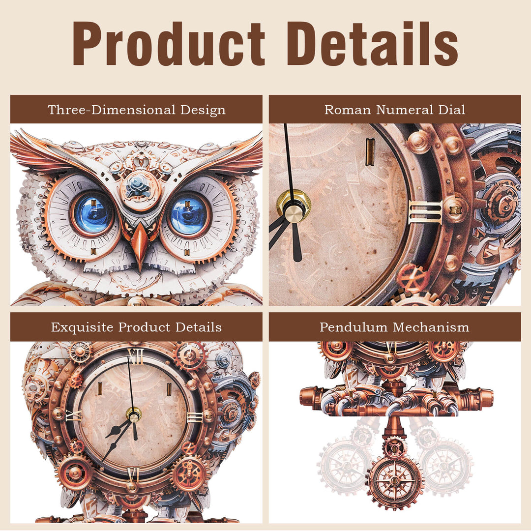 Product details of the Mechanical Owl DIY Wooden Clock, showcasing three-dimensional design, roman numeral dial, and pendulum mechanism.