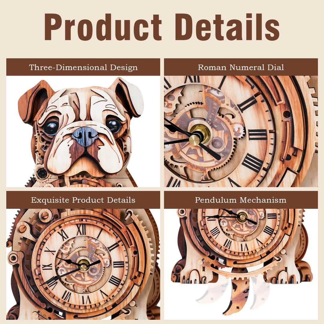 Detailed images of Bulldog DIY Wooden Clock featuring 3D design, Roman numeral dial, and pendulum mechanism.