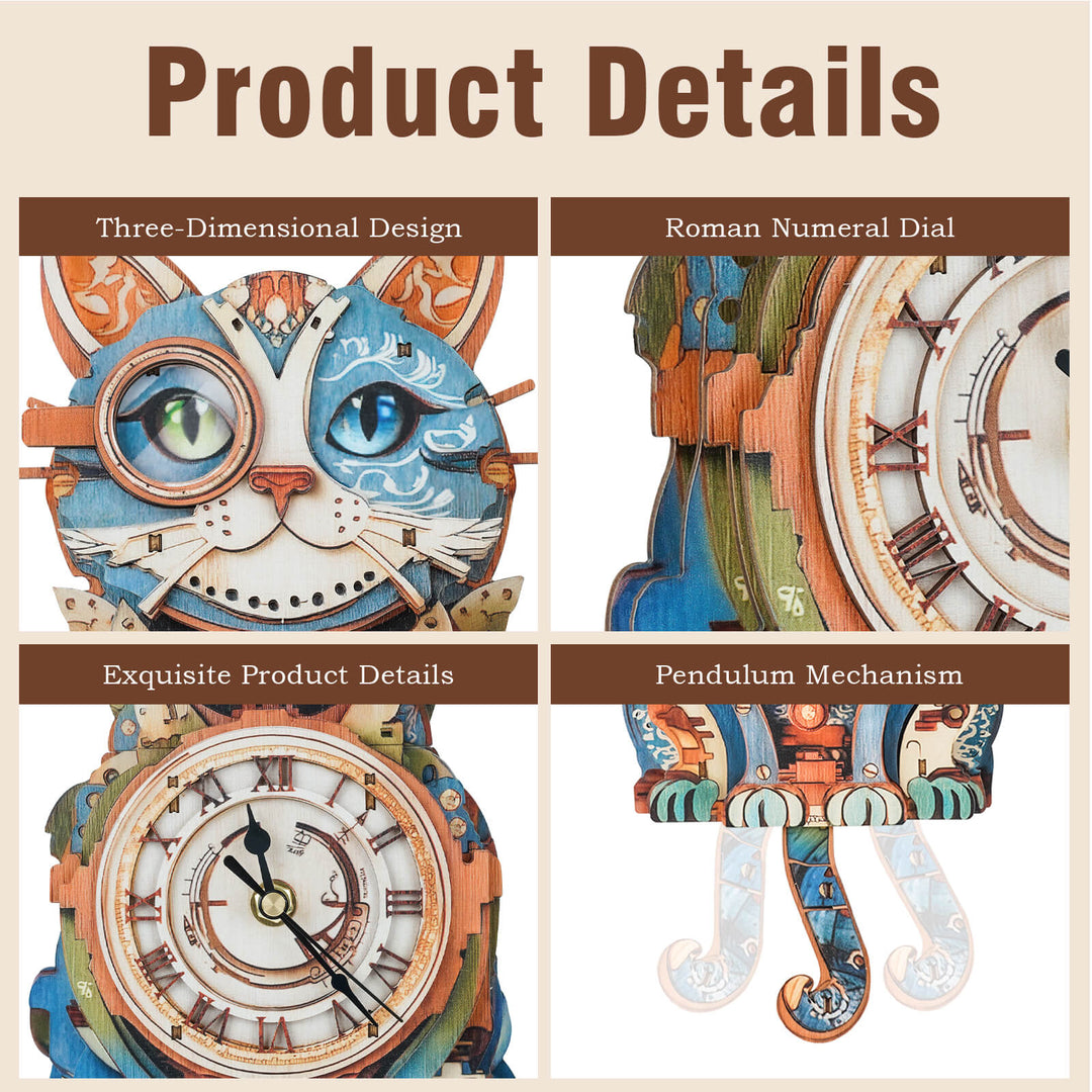 Detailed view of Cat Detective 3D wooden clock with Roman numeral dial and pendulum mechanism.