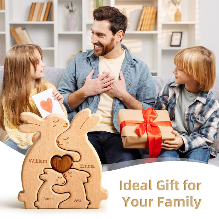 Customized wooden rabbit family name puzzle with family members, perfect gift for celebrations and Mother's Day.