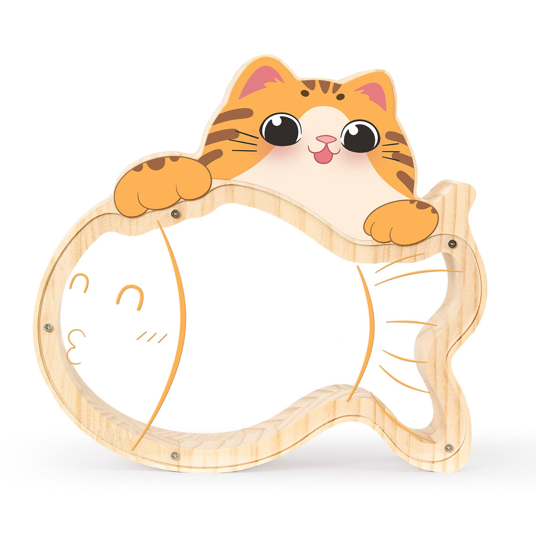 Customized kitten-shaped piggy bank featuring a playful cat design with a wooden fish framework.