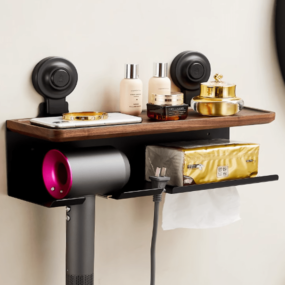 Suction cup hair dryer stand with natural walnut shelf and beauty products, featuring strong suction for wall-free installation.