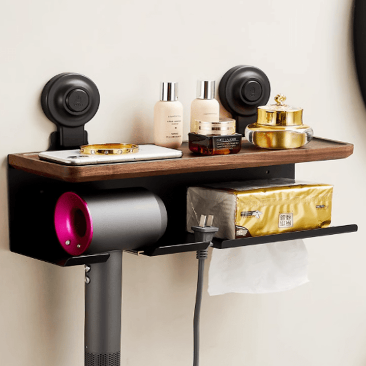Suction cup hair dryer stand with natural walnut shelf and beauty products, featuring strong suction for wall-free installation.