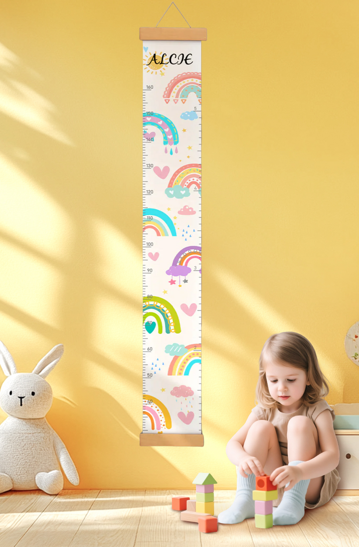 Règle de hauteur personnalisée en toile suspendue avec soleil et arc-en-ciel