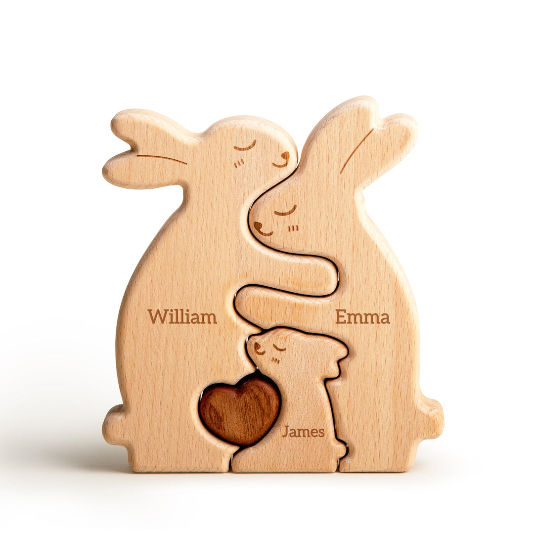 Personalized wooden rabbit family name puzzle with engraved names William, Emma, and James, symbolizing family love.