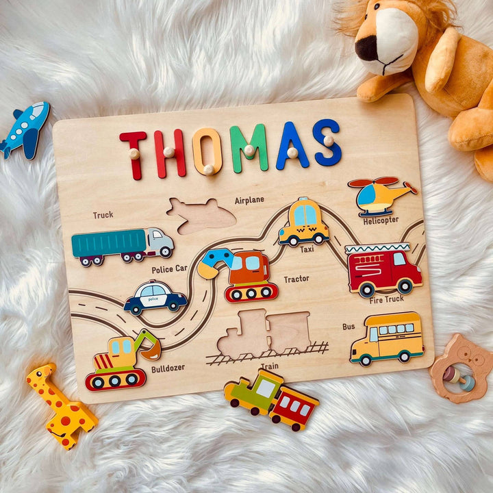 Personalized Traffic Name Puzzle for kids featuring vehicles and the name 'Thomas' in colorful letters.