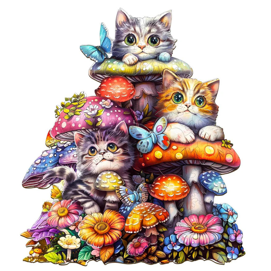 Colorful Cat Family-2 wooden jigsaw puzzle featuring adorable kittens on vibrant mushrooms and flowers.