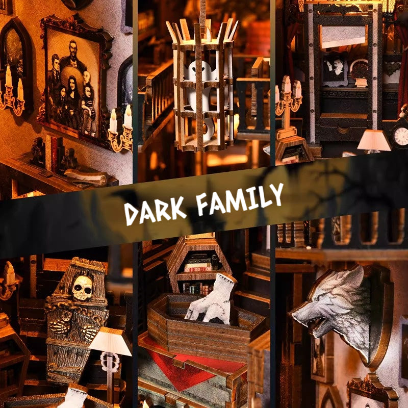 Collage of Dark Family DIY Book Nook Kit showcasing intricate details like skeletons, furniture, and musical elements.