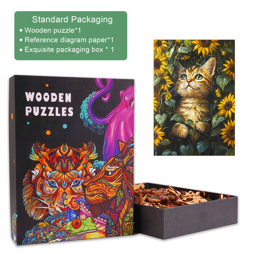 Sunflower and Cat wooden jigsaw puzzle in an exquisite packaging box with a reference diagram for puzzle solving.