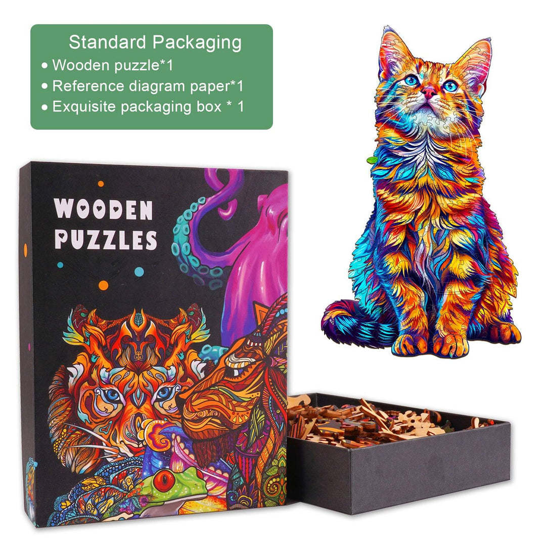 Bengal Cat wooden jigsaw puzzle with colorful packaging and pieces, ideal for enhancing focus and cognitive skills.