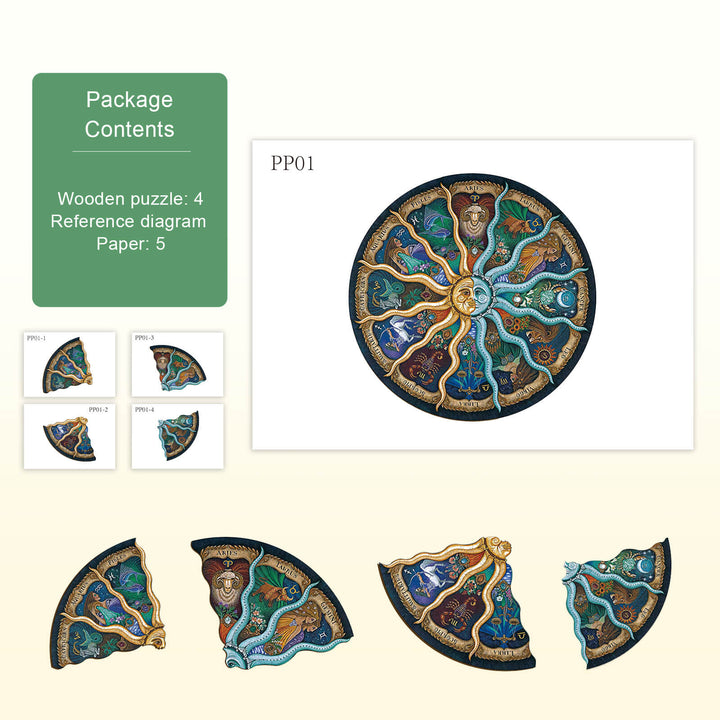 Wooden Zodiac Horoscope puzzle pieces with reference diagrams, enhancing focus and problem-solving skills.