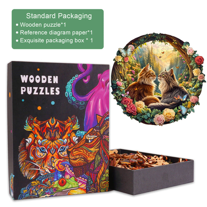 Cats in Love wooden jigsaw puzzle box with pieces, featuring two cats in a floral scene, perfect for mind games.