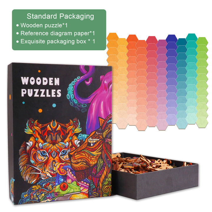 Colorful Rainbow Gradient Wooden Jigsaw Puzzle with vibrant artwork, packed in an exquisite box, includes diagram paper.