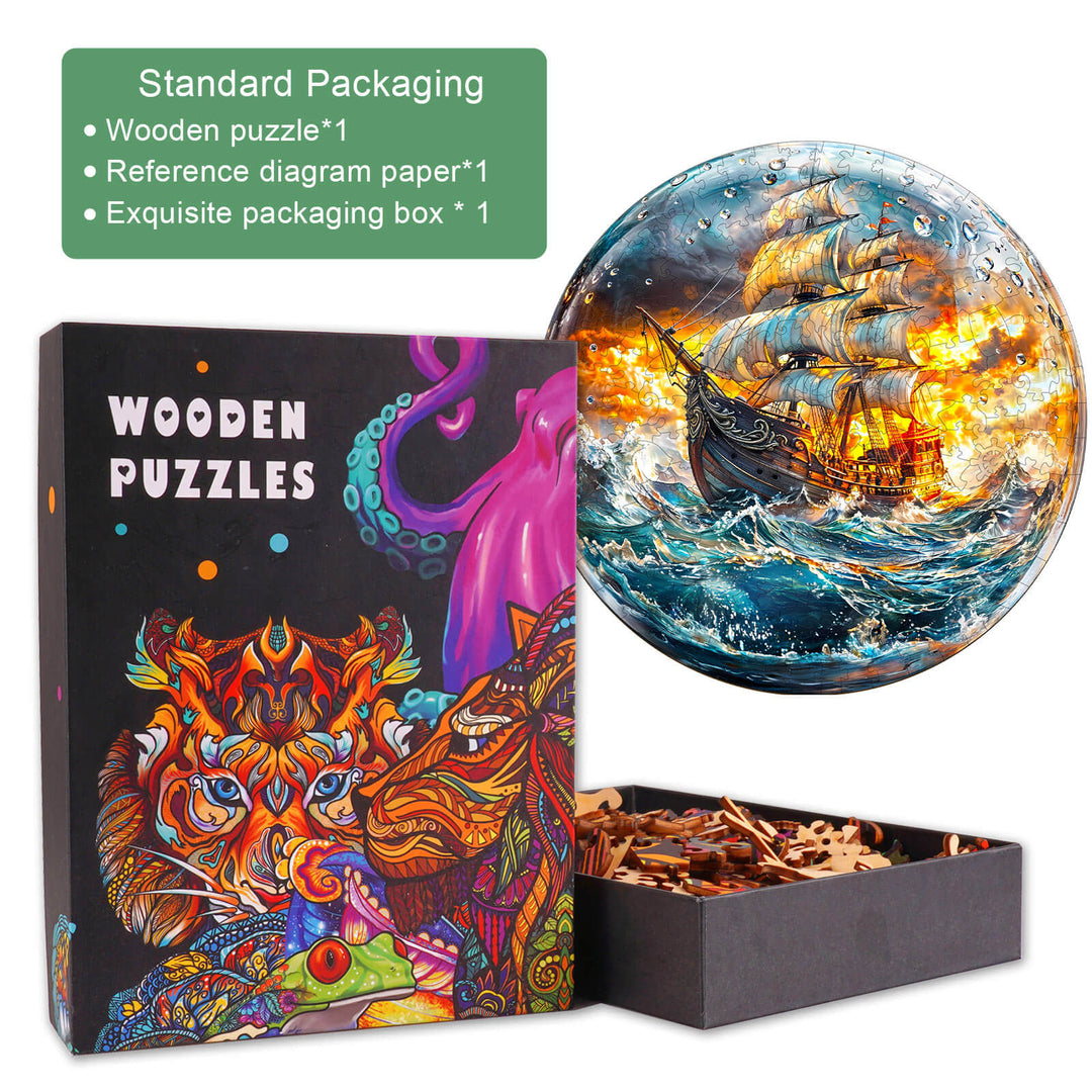 Stormy Voyage wooden jigsaw puzzle in a colorful box with intricate ship design, perfect for mind games and focus.
