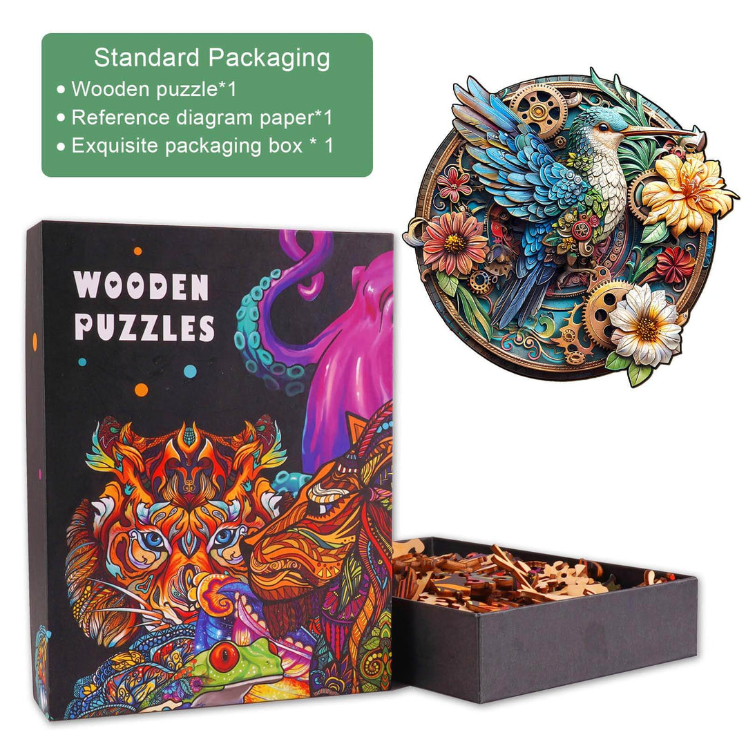 Colorful packaging of Graceful Hummingbird-1 Wooden Jigsaw Puzzle with intricate puzzle pieces and reference diagram.