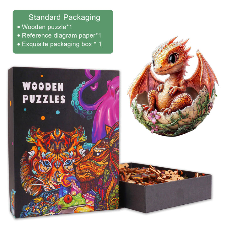 Whimsical Dragonet Wooden Jigsaw Puzzle packaging with puzzle pieces, reference diagram, and a colorful dragon figure.